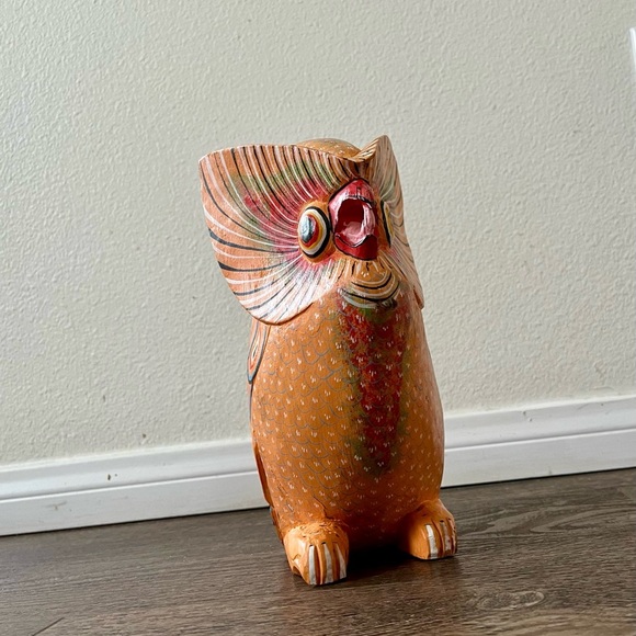 Colorful Hand-Painted wooden Owl Figurine 10 inches tall - Picture 2 of 9